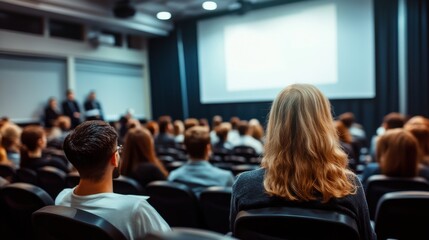 Audience watching speaker in auditorium, business presentation with copy space