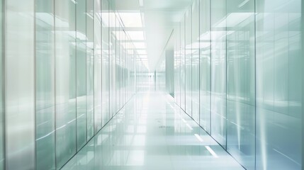 Obraz premium A bright, pristine hallway with glass walls, showcasing a clean, modern architectural design that emphasizes light and transparency.