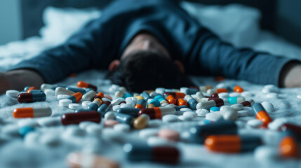 Fototapeta premium A person lying awake in bed, surrounded by empty pill bottles, representing the struggle with insomnia and reliance on medication, symbolizing mental health challenges.