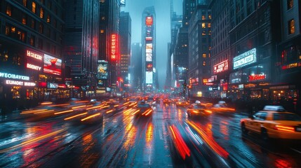 Obraz premium bustling city street at night streaks of light from passing vehicles blurred figures of pedestrians creating dynamic energy