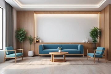 Minimalist Living Room with Blue Sofa, Two Armchairs, and Wooden Accents