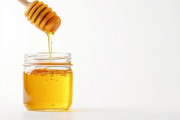 Carefully drizzling honey from a traditional wooden stick dipper into glass jar on white background