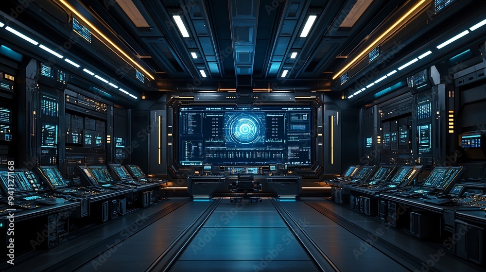 Poster A futuristic control room with a central screen displaying real-time AI data analysis surrounded by rows of computers and monitoring equipment Stock Photo with copy space