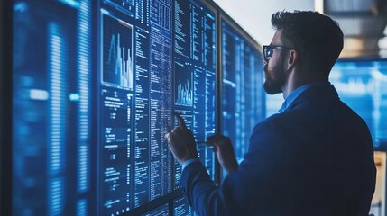 A team of data scientists collaborating over complex data visualizations on large screens demonstrating the collaborative nature of AI research Stock Photo with copy space