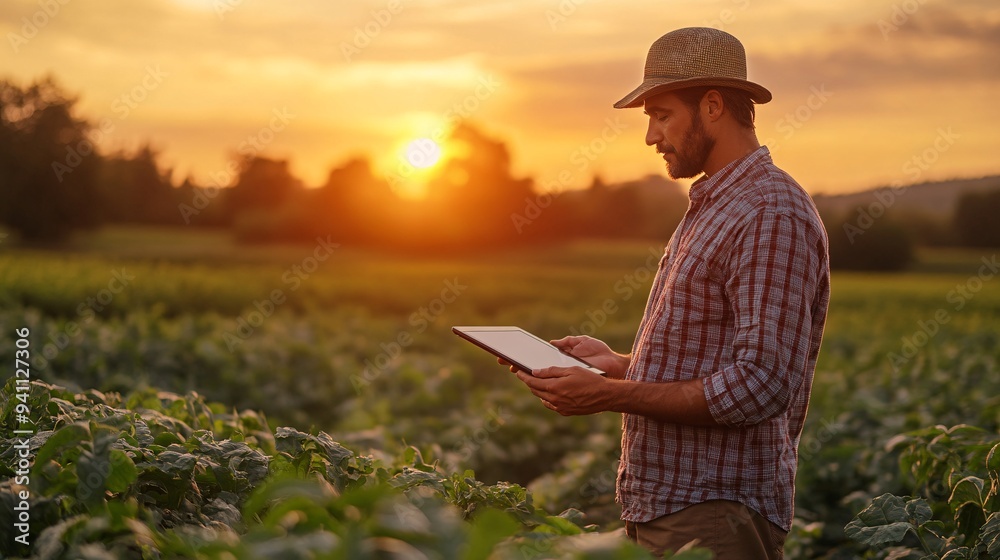 Poster A farmer standing in a field controlling a drone with a tablet showing how AI technology is being integrated into agriculture Stock Photo with copy space