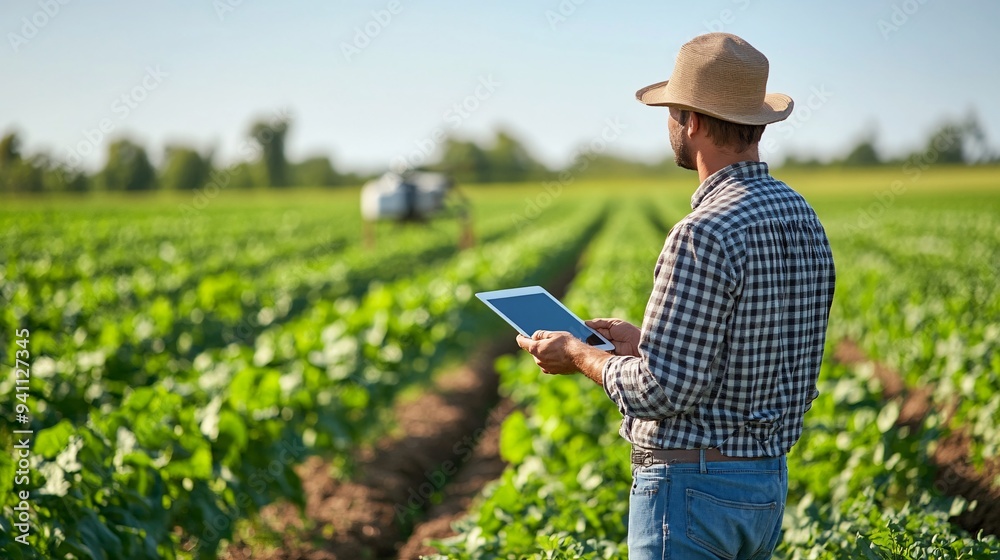 Poster A farmer standing in a field controlling a drone with a tablet showing how AI technology is being integrated into agriculture Stock Photo with copy space