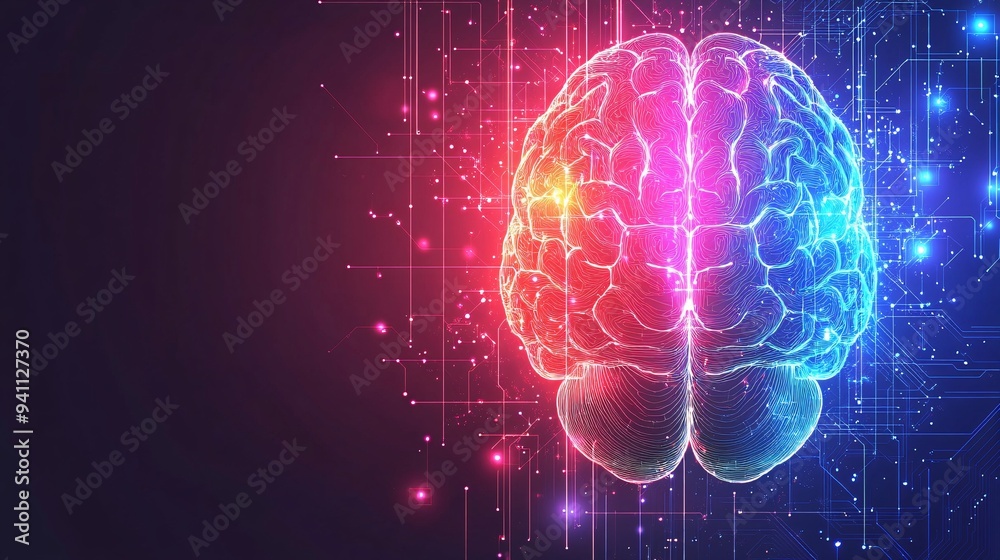 Poster An abstract image of a human brain composed of digital circuits and glowing with vibrant colors symbolizing the fusion of AI and human intelligence Stock Photo with copy space
