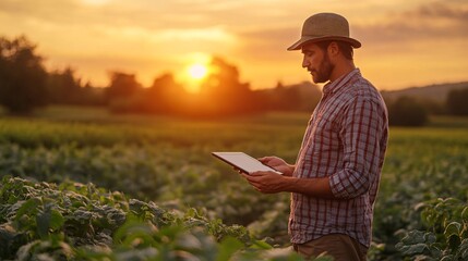 A farmer standing in a field controlling a drone with a tablet showing how AI technology is being integrated into agriculture Stock Photo with copy space