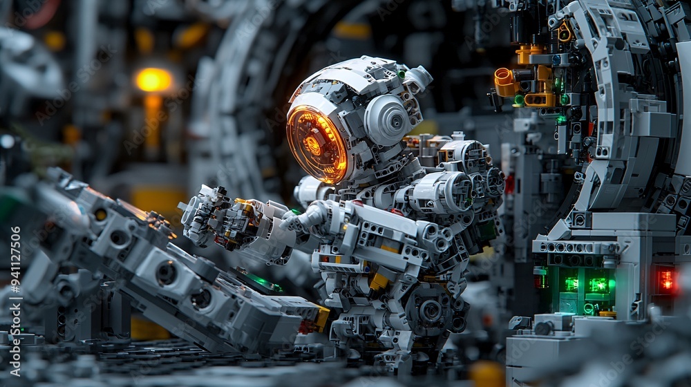 Poster An AI-powered robotic arm assembling intricate components in a manufacturing plant highlighting the precision of AI in automation Stock Photo with copy space