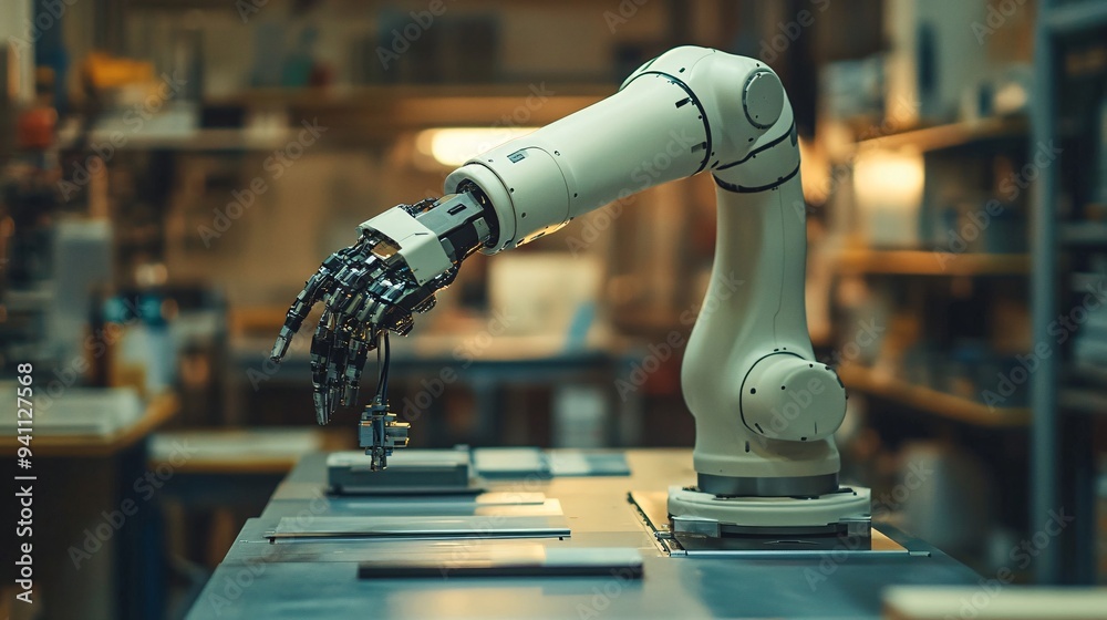 Aufkleber an ai-powered robotic arm assembling intricate components in a manufacturing plant highlighting the 