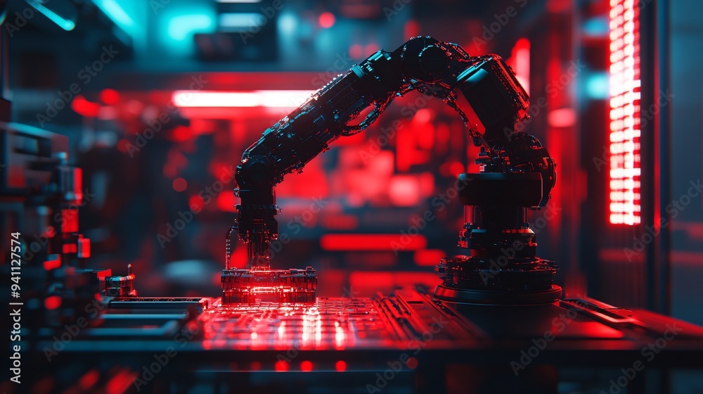 Poster An AI-powered robotic arm assembling intricate components in a manufacturing plant highlighting the precision of AI in automation Stock Photo with copy space