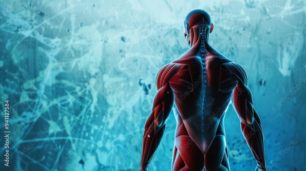 Fototapete rendering of a muscular figure viewed from behind, set against a backdrop of abstract neural connect