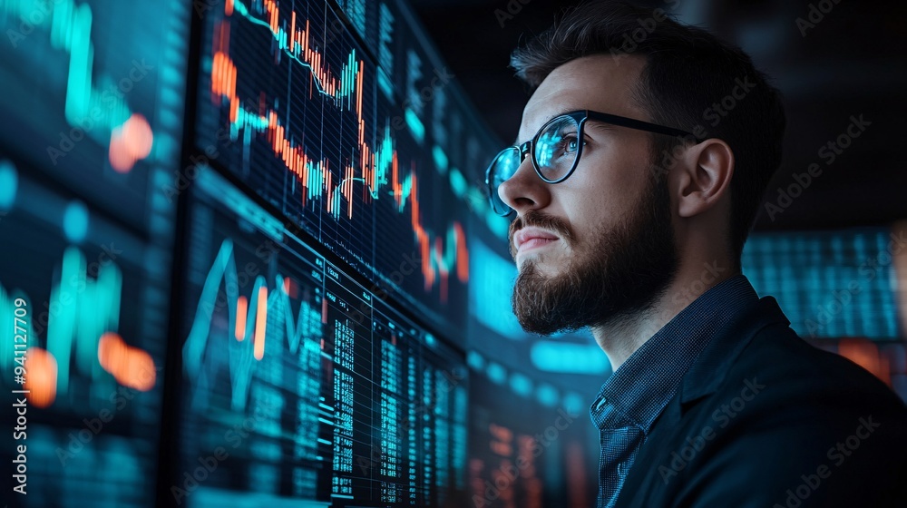 Poster A financial analyst studying complex market data on multiple monitors with AI algorithms providing real-time predictions Stock Photo with copy space