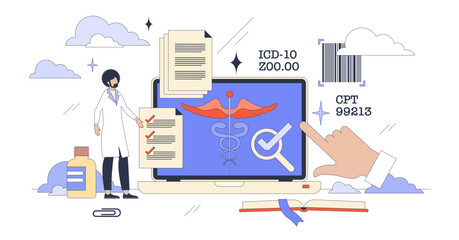 Medical coding training as study for billing tiny person neubrutalism concept, transparent background. Healthcare online system.
