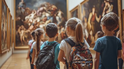 Obraz premium Children admire art in a gallery, exploring creativity and culture through vibrant paintings and inspiring surroundings.