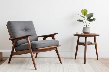 Fototapeta premium Mid-Century Modern Armchair with Side Table and Plant