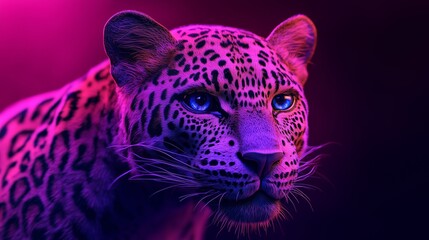 Obraz premium A vibrant neon leopard portrait against a magenta backdrop blends beauty, mystery, and surrealism.