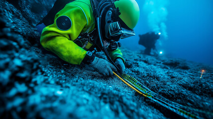 The diver's careful work on an undersea cable ensures the stability of the global information network.