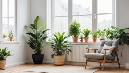 Fototapeta premium A Cozy Living Room with Plants and a Comfortable Armchair