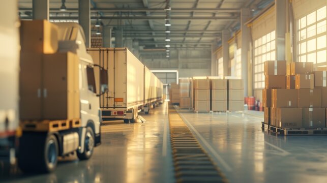 A bright warehouse interior, bustling with activity, where trucks and cargo crates line the loading bays, illuminated by golden hour light.