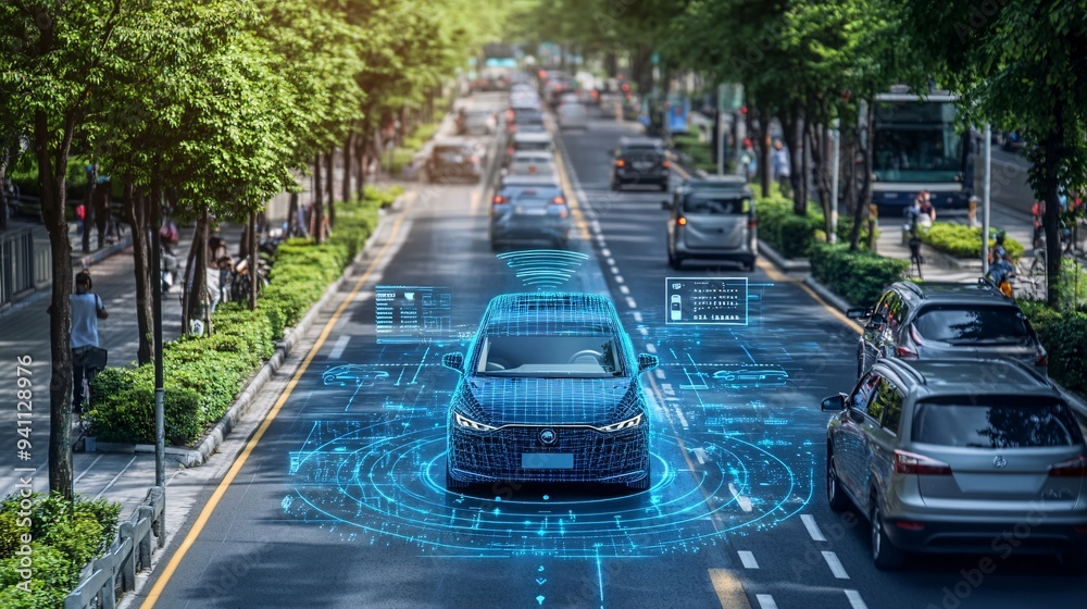 Poster An autonomous vehicle navigating through a busy city street with sensors and AI systems ensuring safe travel Stock Photo with copy space