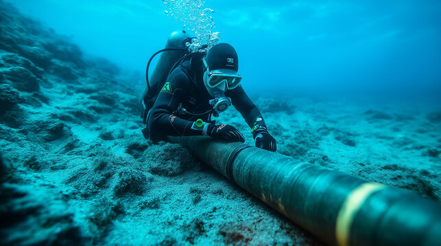 A diver, in a wetsuit, carefully examines a fiber-optic cable, securing the world's communication links.