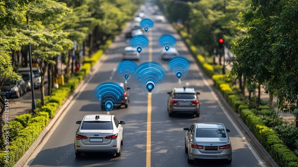 Poster An autonomous vehicle navigating through a busy city street with sensors and AI systems ensuring safe travel Stock Photo with copy space