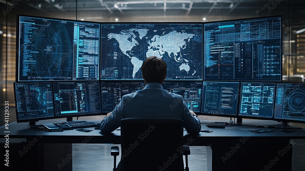 Aufkleber A creative professional in a studio using AI-driven design software to create complex visual effects on a large screen Stock Photo with copy space