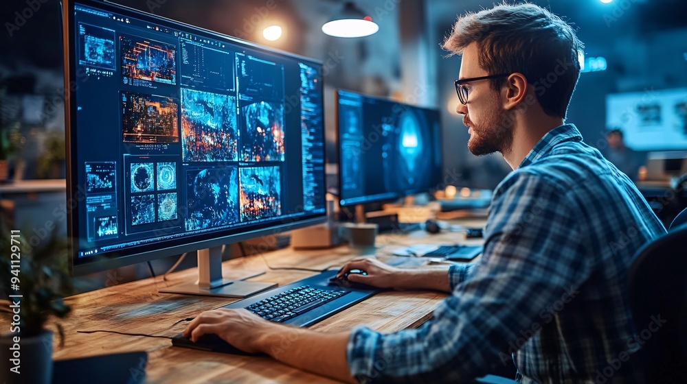 Poster A creative professional in a studio using AI-driven design software to create complex visual effects on a large screen Stock Photo with copy space
