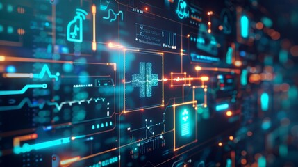 Obraz premium Advanced AI dashboard showcasing innovative healthcare solutions with glowing code and symbols