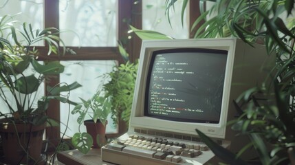 An old computer with a screen full of code is surrounded by vibrant green plants, set in a sunlit room that merges technology with natural beauty.