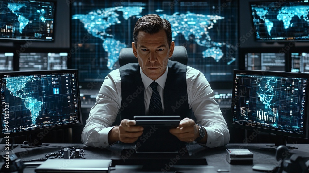 Poster A cybersecurity expert monitoring AI-driven security systems to protect sensitive data from cyber threats Stock Photo with copy space