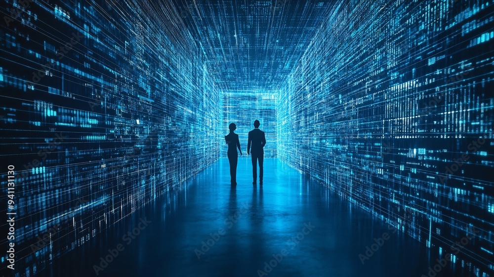 Poster A high-tech workspace with holographic AI interfaces allowing professionals to manipulate data in a 3D environment Stock Photo with copy space