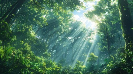Sunbeams Piercing Through a Lush Forest Canopy