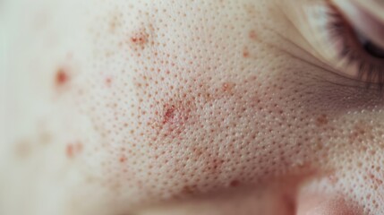 Fototapeta premium Close-up of human skin showing pores and redness, emphasizing skin texture and detailing a common dermatologic condition.