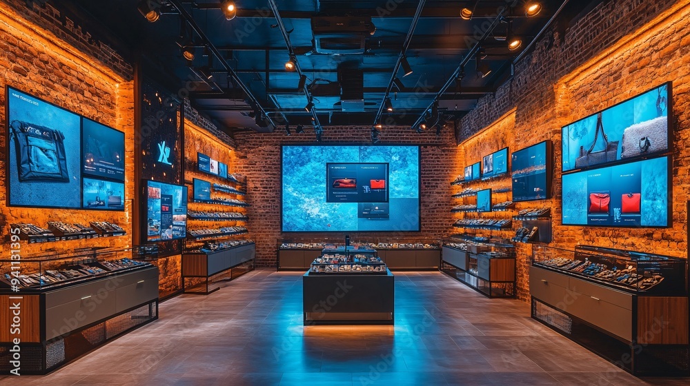 Aufkleber A retail store managed by AI-driven systems where inventory is automatically tracked and customers are greeted by AI assistants Stock Photo with copy space