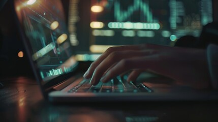 Hands typing on a laptop in a dimly-lit room, surrounded by glowing data charts on screens, indicating an intense, focused work environment.
