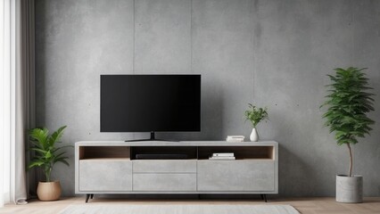 Modern Living Room with TV, Plants, and Concrete Furniture