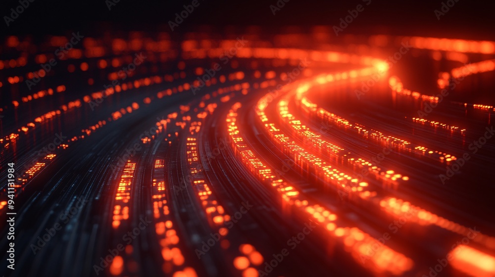 Aufkleber An abstract depiction of AI as a glowing network of binary code flowing through cyberspace Stock Photo with copy space