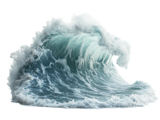 Dramatic ocean wave in mid-motion with water splashing, isolated on white background. PNG transparent.