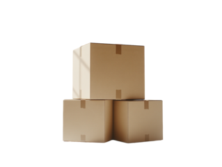 Three cardboard boxes stacked for shipping or storage, isolated on white background. PNG transparent.