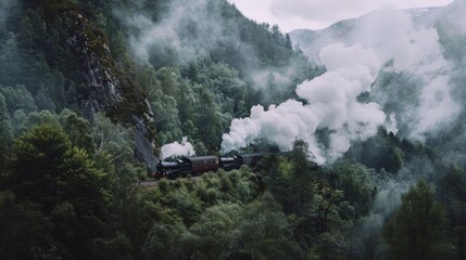 Fototapeta premium A vintage steam train with billowing smoke snakes through a lush, misty forest valley, creating an enchanting and nostalgic scene.