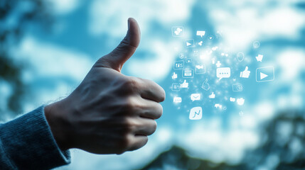A realistic thumbs-up hand against a sky filled with social media icons, symbolizing global approval and positivity.