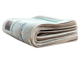 Folded newspaper with visible headlines, isolated on white background. PNG transparent.