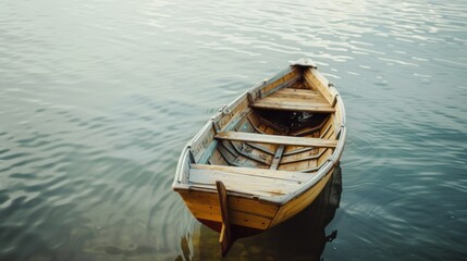 Obraz premium A solitary, weathered wooden boat set adrift on calm waters, conveying a sense of timelessness and serene solitude tinged with nostalgia.
