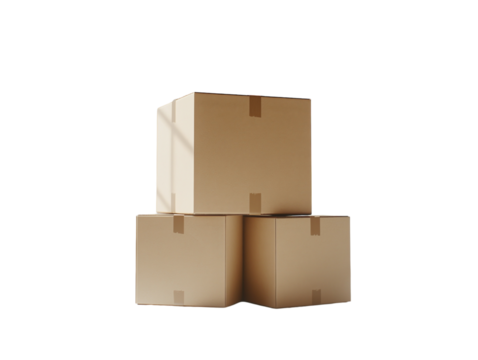 Three cardboard boxes stacked for shipping or storage, isolated on white background. PNG transparent.