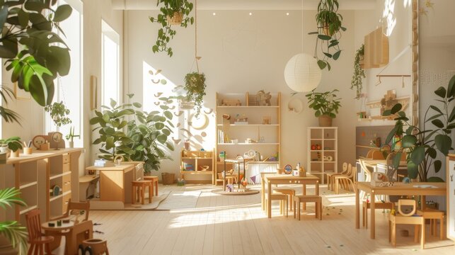 Sunlit classroom filled with wooden furniture and lush plants, exuding a serene and inviting atmosphere for young learners.