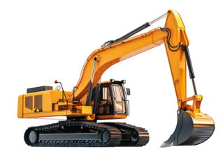 Yellow excavator with digging arm, heavy-duty construction equipment, isolated on white background. PNG transparent.