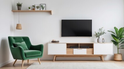 Modern living room with a green armchair, TV stand, and plants