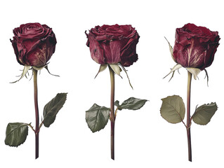 Wilted red roses in various stages of decay, isolated on white background. PNG transparent. © Asier